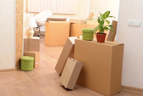 Professional movers packing household items for a flat move