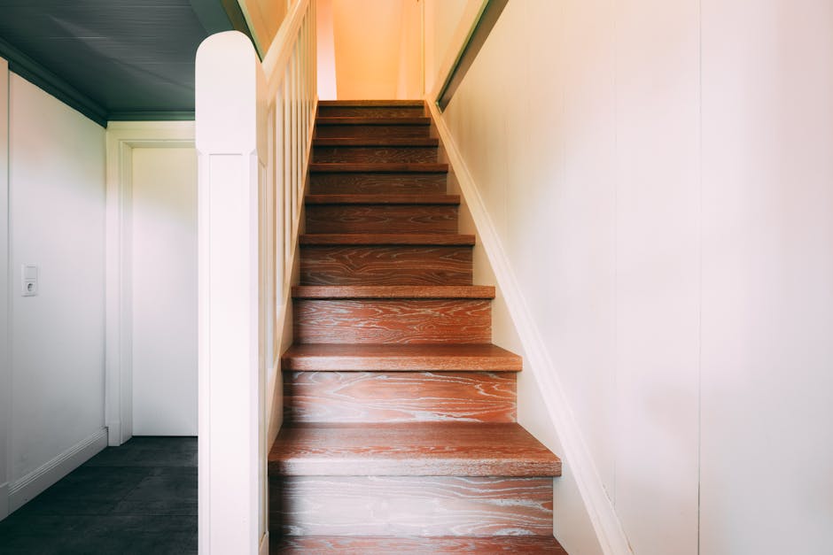 View from above of a young woman with long dark hair carrying a potted green houseplant as she ascends a staircase inside a residential property. The staircase has dark-colored wooden steps with a bla